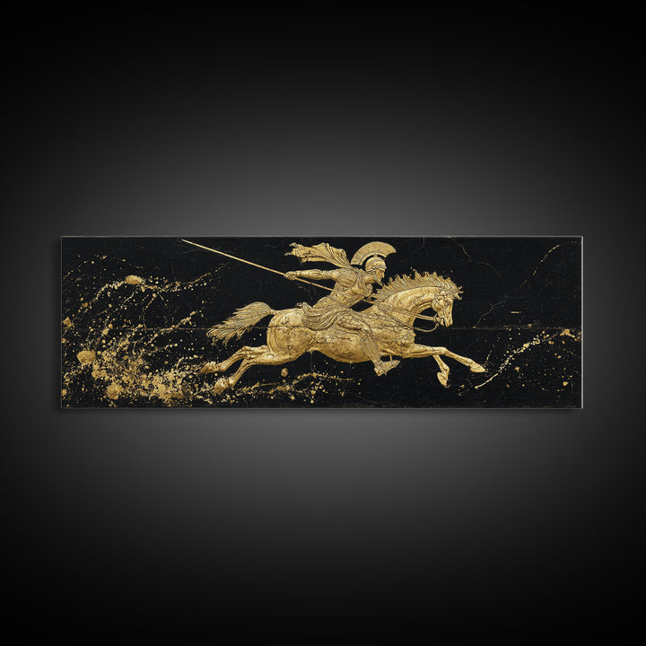 Spartan Warrior On Horse, Ancient Greek Mythological Rider With Spear Artwork, Gold Canvas Print, Real Wood Frame Wall Decor