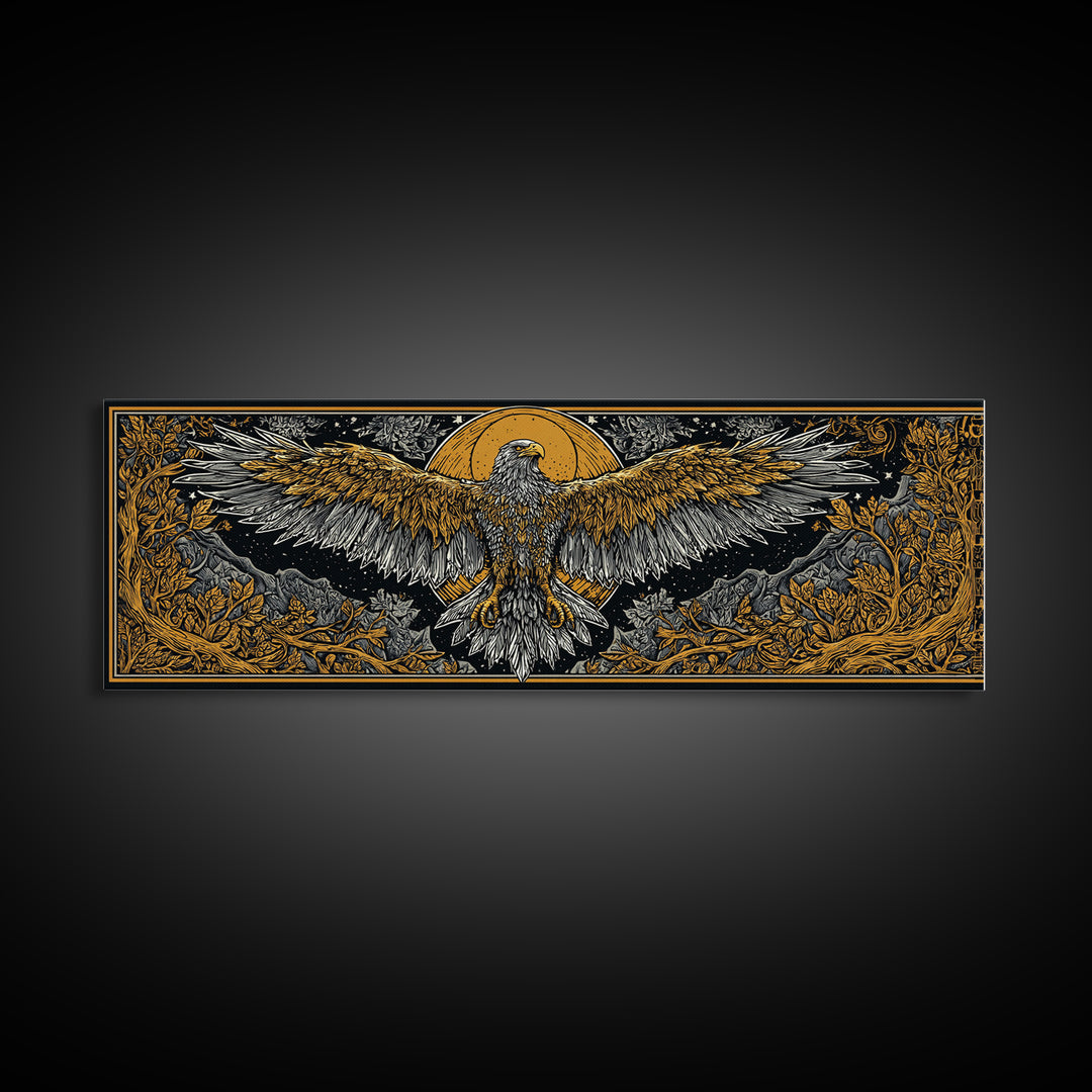 Majestic Golden Eagle Rising, Mythical Bird Of Power Wall Decor, Gold Canvas Print, Real Wood Framed Art
