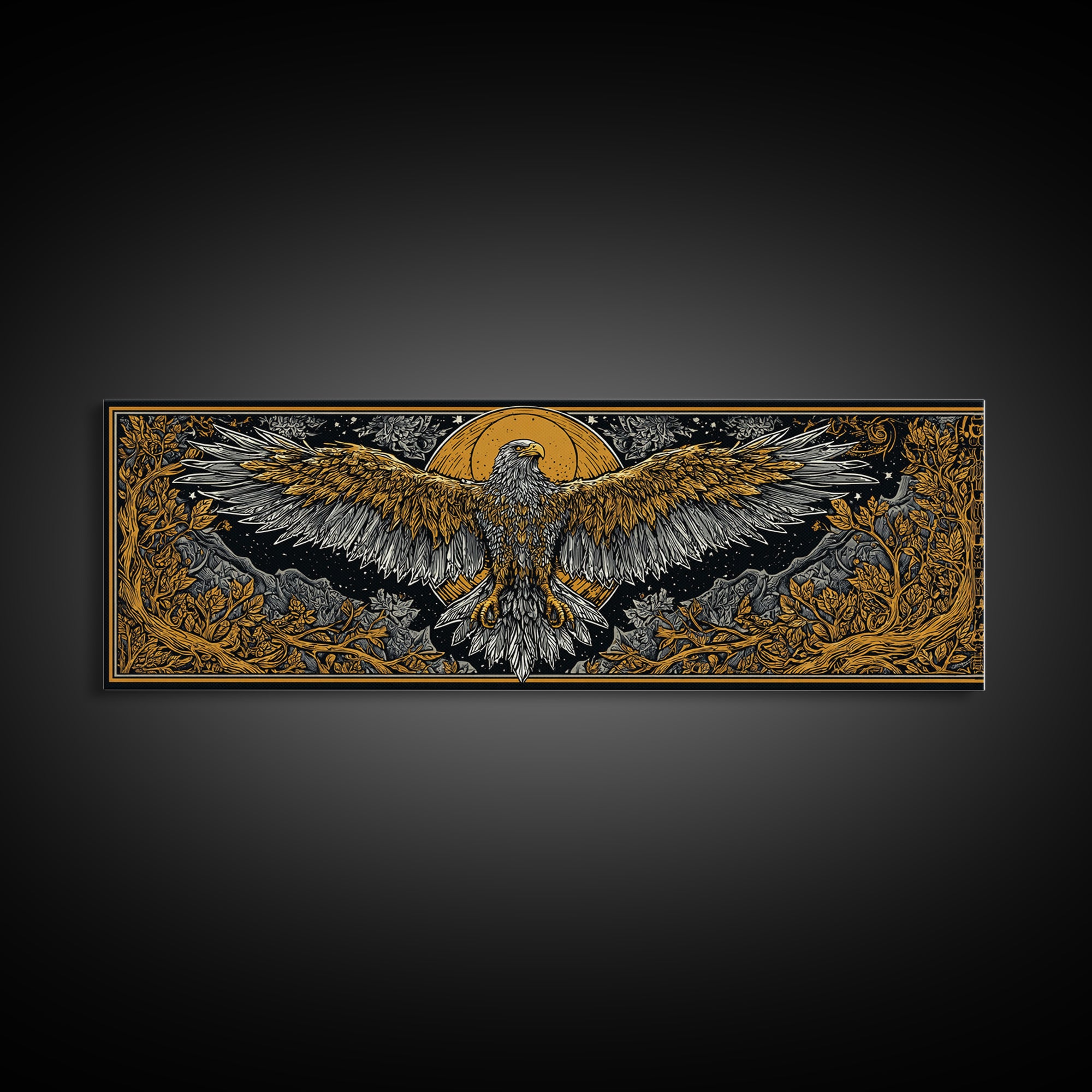 Majestic Golden Eagle Rising, Mythical Bird Of Power Wall Decor, Gold Canvas Print, Real Wood Framed Art