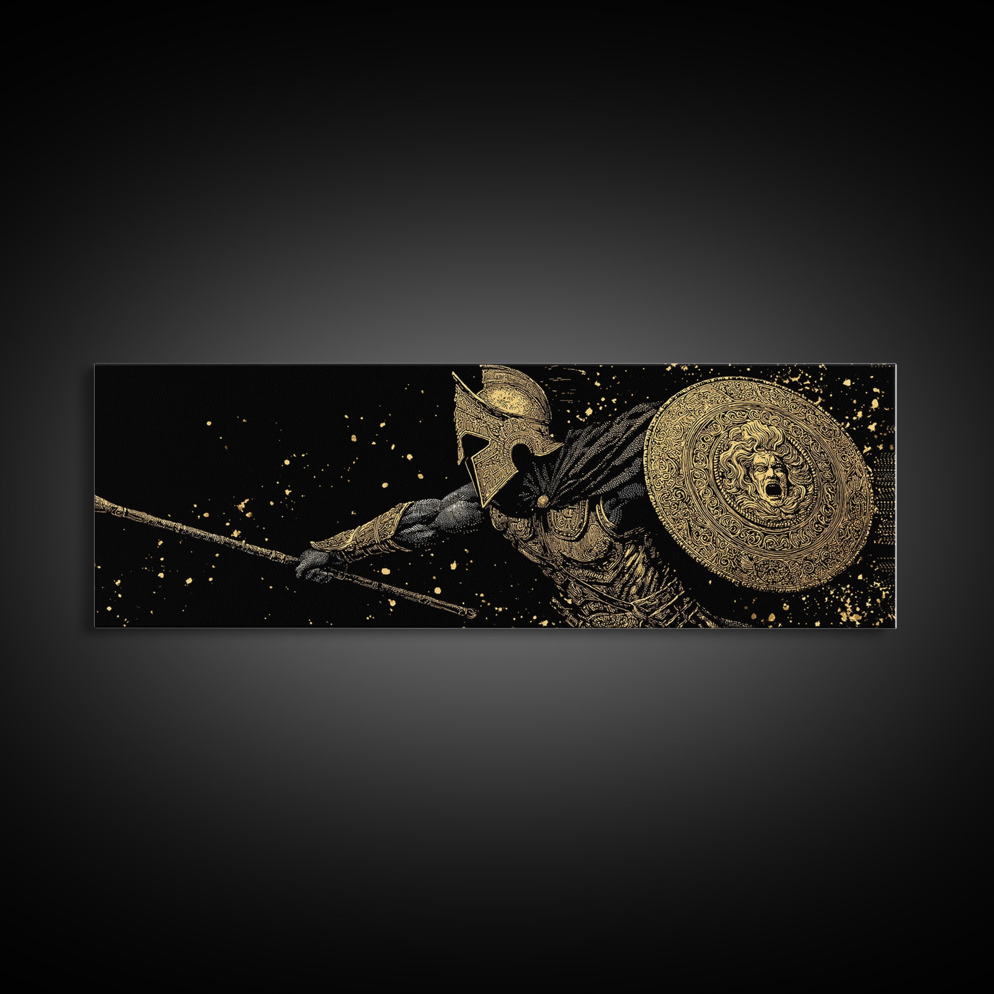 Heroic Warrior With Shield, Ancient Greek Spartan Mythological Battle Artwork, Gold Canvas Print, Real Wood Frame Wall Decor