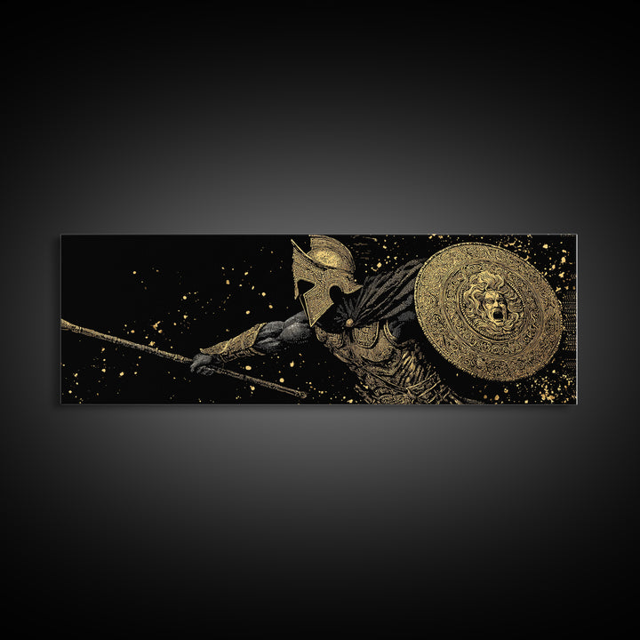 Heroic Warrior With Shield, Ancient Greek Spartan Mythological Battle Artwork, Gold Canvas Print, Real Wood Frame Wall Decor