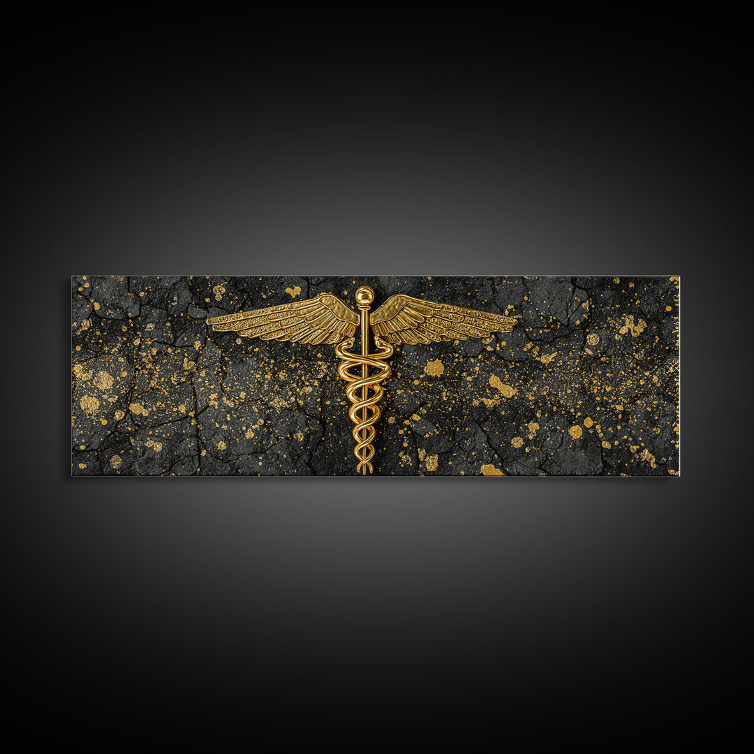 Caduceus Symbol Artwork, Ancient Mythological Medicine Emblem Decorative Wall Art, Gold Canvas Print, Real Wood Frame