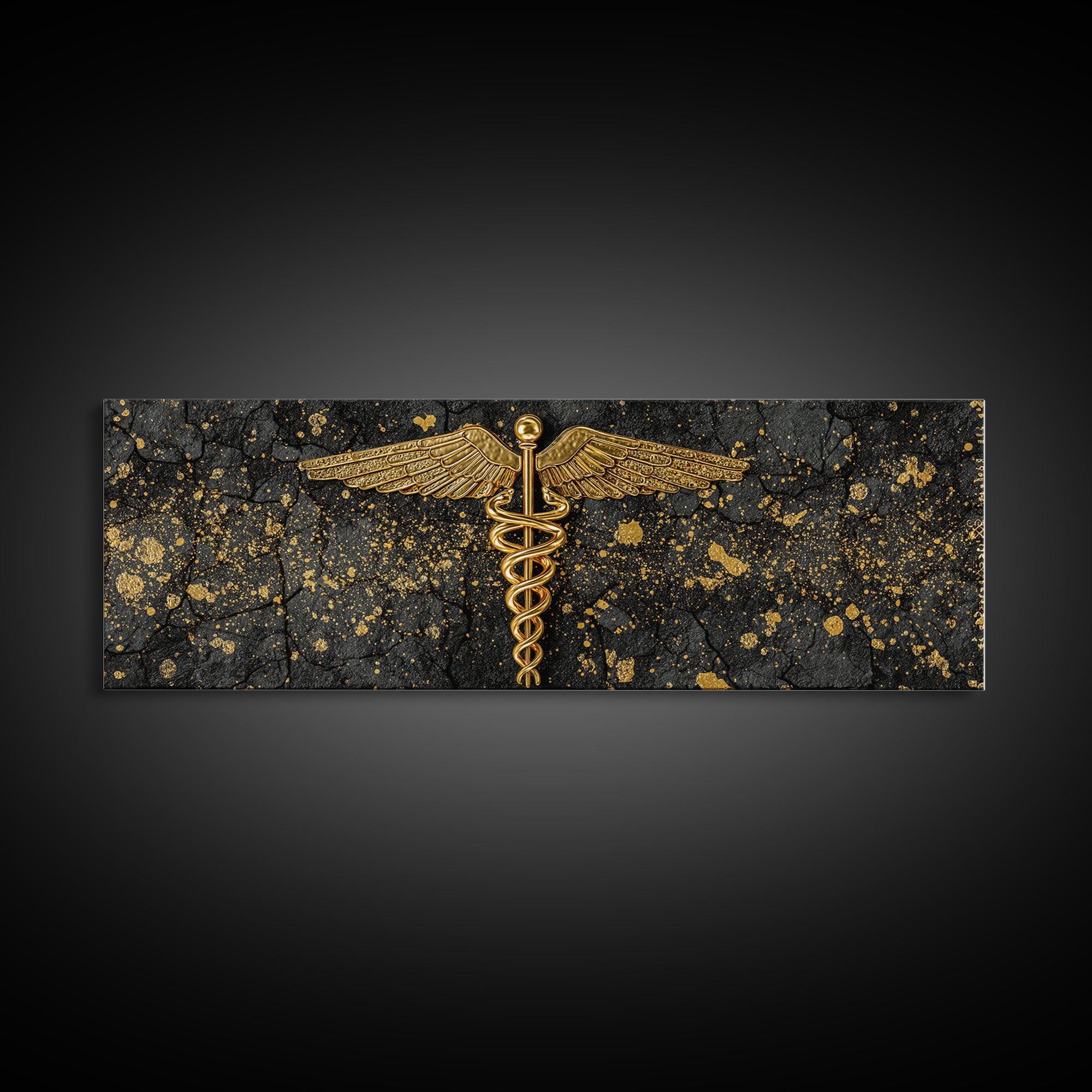 Caduceus Symbol Artwork, Ancient Mythological Medicine Emblem Decorative Wall Art, Gold Canvas Print, Real Wood Frame