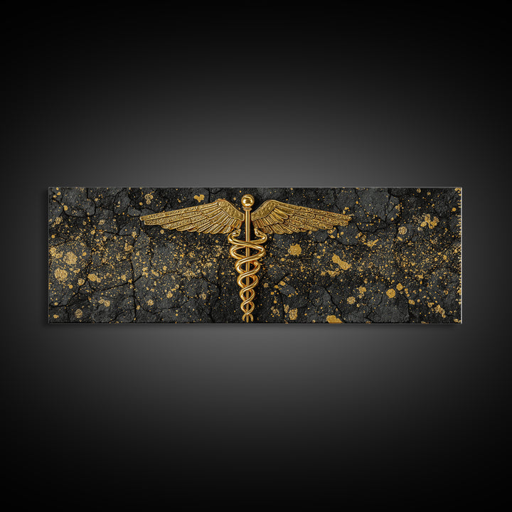 Caduceus Symbol Artwork, Ancient Mythological Medicine Emblem Decorative Wall Art, Gold Canvas Print, Real Wood Frame