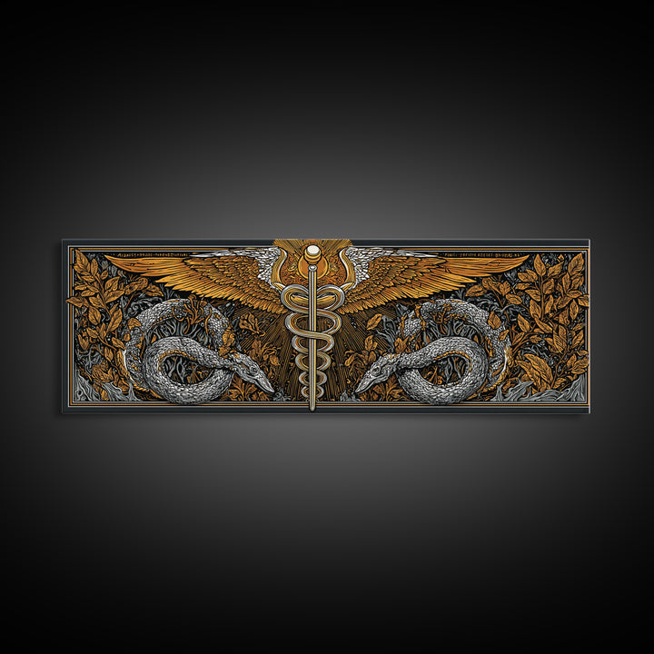 Caduceus With Serpents, Mythological Healing Symbol Decorative Wall Artwork, Gold Canvas Print, Real Wood Frame Decor