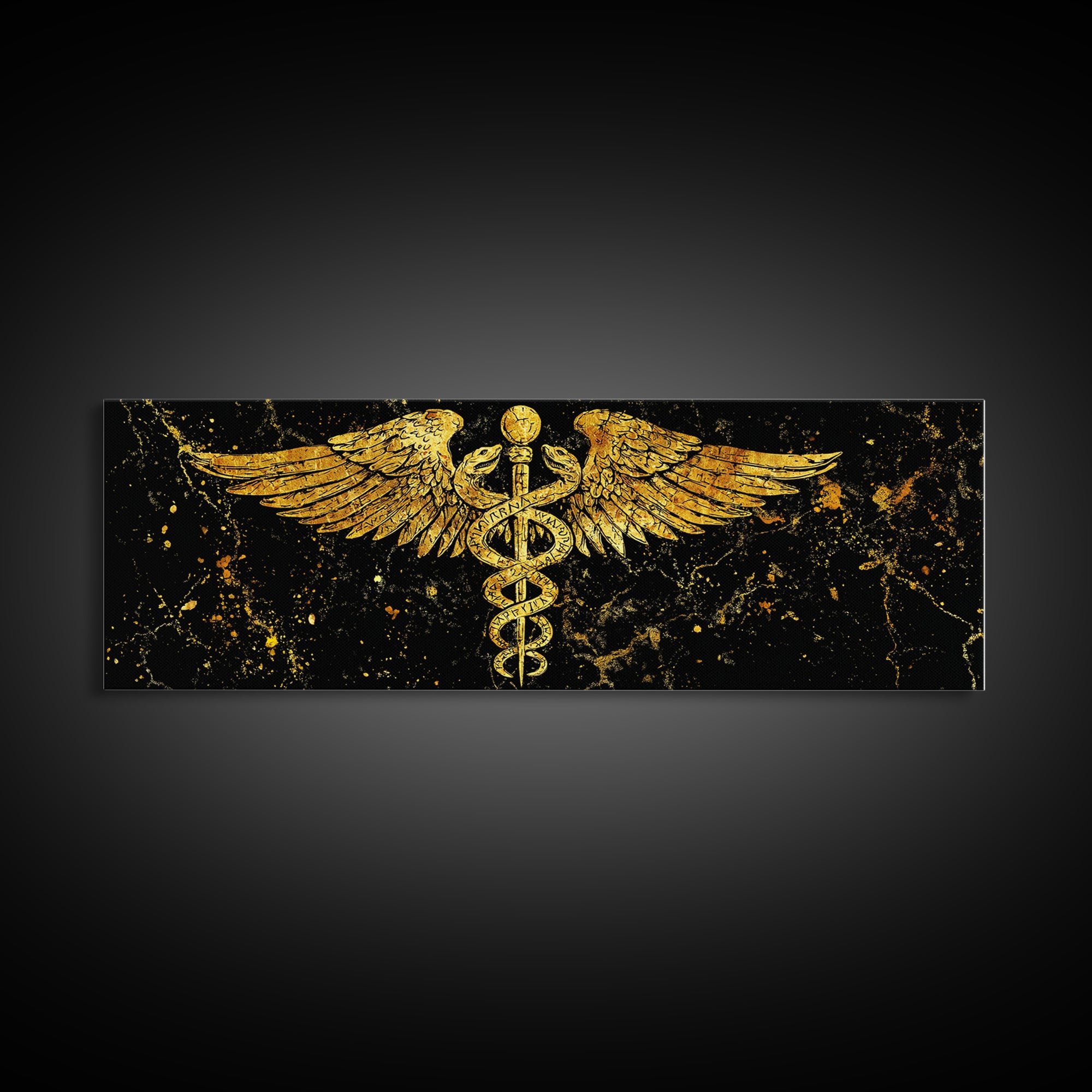Ancient Caduceus Symbol, Winged Serpent Staff Mythological Artwork, Gold Canvas Print, Real Wood Frame Wall Decor