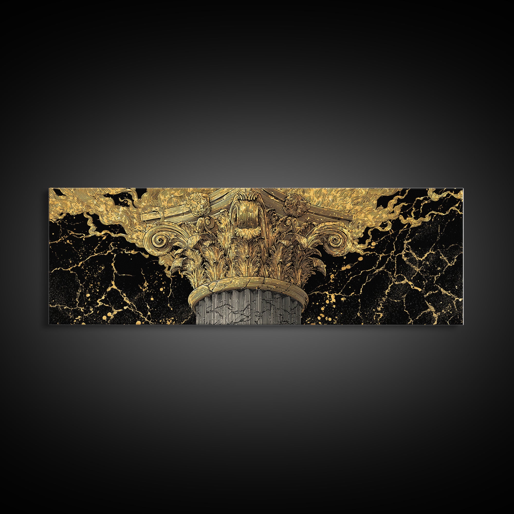 Classical Corinthian Column, Ancient Pillar Decorative Architectural Artwork, Gold Canvas Print, Real Wood Frame Wall Art
