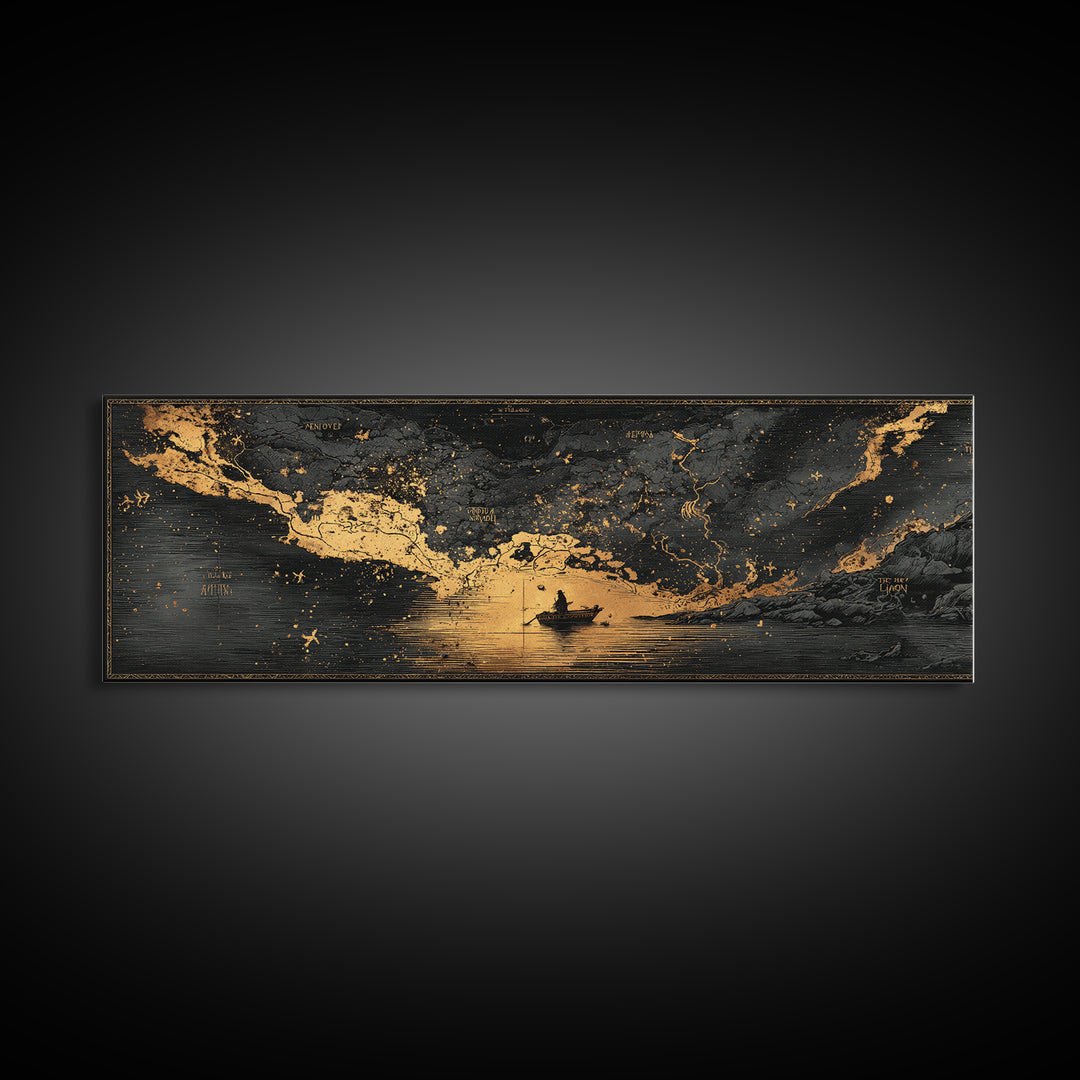 Celestial Map Artwork, Mythological Constellation And Ancient Sky Design, Gold Canvas Print, Real Wood Frame Wall Decor
