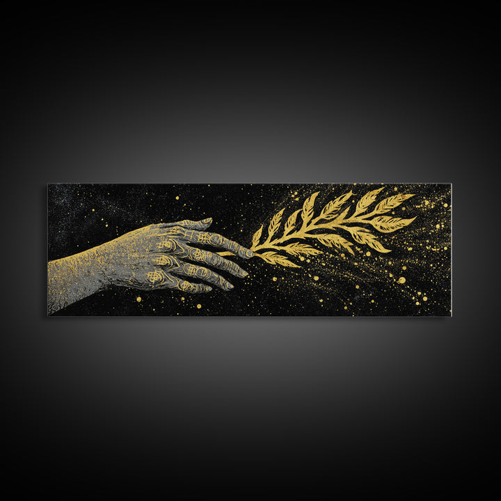 Hand With Olive Branch, Mythological Symbol Of Peace Decorative Wall Artwork, Gold Canvas Print, Real Wood Frame Wall Art