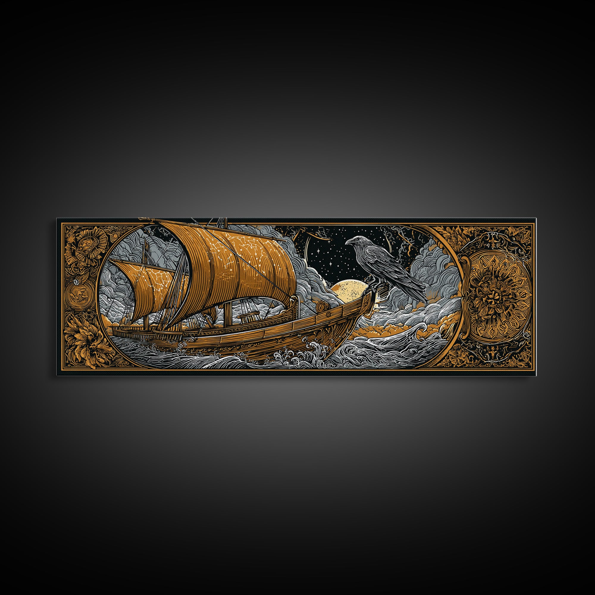 Ancient Sailing Ship, Mythological Vessel With Raven Decorative Wall Artwork, Gold Canvas Print, Real Wood Frame Wall Decor