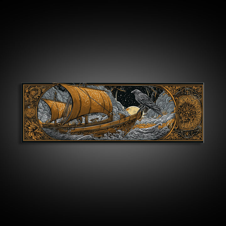 Ancient Sailing Ship, Mythological Vessel With Raven Decorative Wall Artwork, Gold Canvas Print, Real Wood Frame Wall Decor