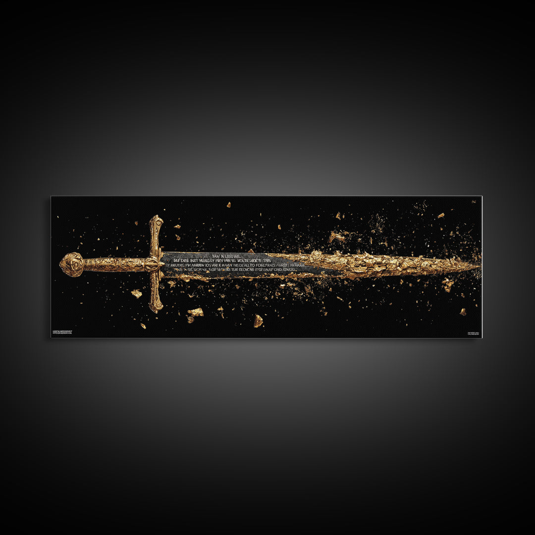 Ancient Sword Shattering, Mythological Weapon Symbolic Battle Decorative Artwork, Gold Canvas Print, Real Wood Frame Wall Art
