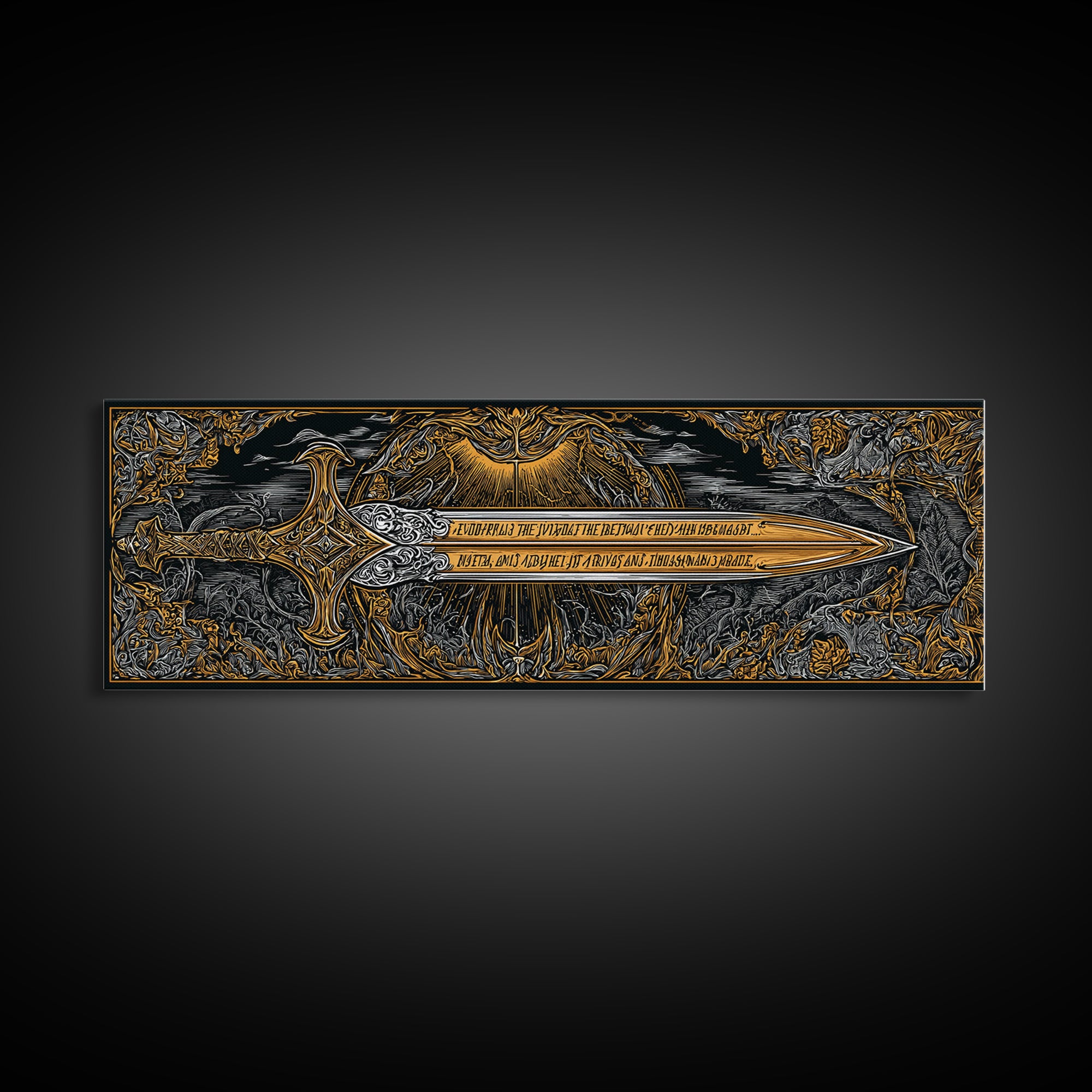 Ornate Mythological Sword, Decorative Ancient Weapon Symbolic Wall Artwork, Gold Canvas Print, Real Wood Frame Wall Decor