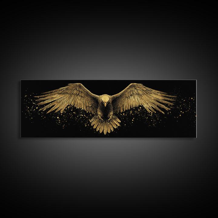 Golden Eagle In Flight, Regal Mythological Bird Wall Decor, Gold Canvas Print, Real Wood Frame Art