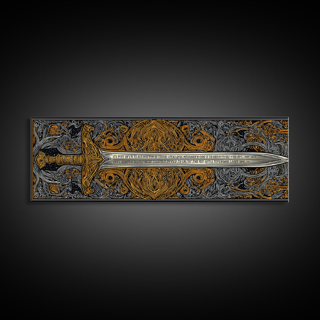 Epic Ancient Sword, Mythological Weapon Of Power Decorative Wall Artwork, Gold Canvas Print, Real Wood Frame Wall Decor