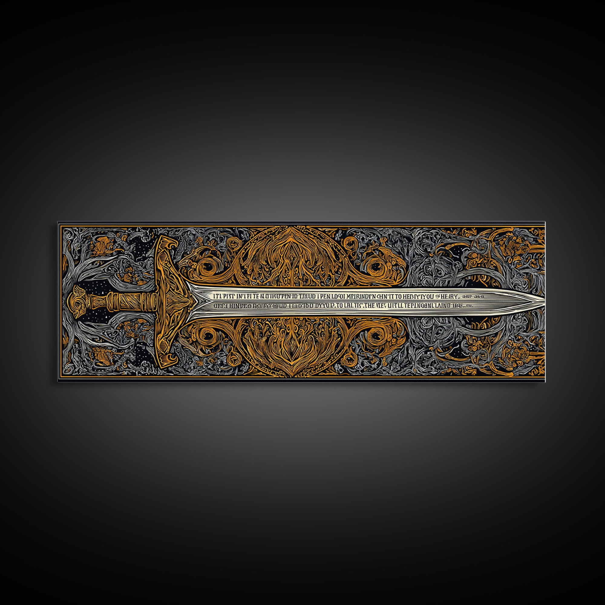 Epic Ancient Sword, Mythological Weapon Of Power Decorative Wall Artwork, Gold Canvas Print, Real Wood Frame Wall Decor