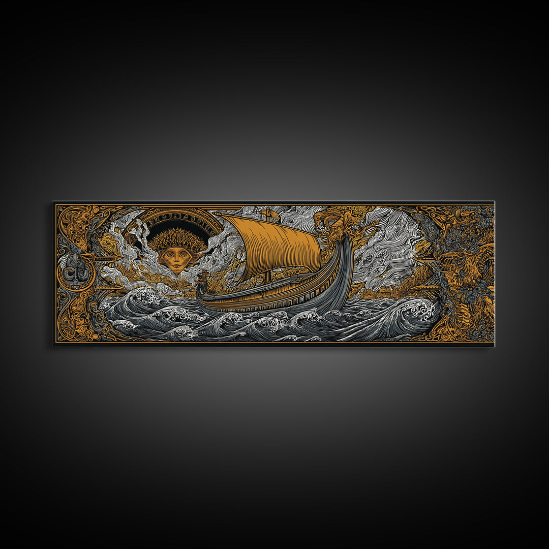 Mythological Sun Face And Ancient Ship, Epic Sea Voyage Decorative Wall Artwork, Gold Canvas Print, Real Wood Frame Decor