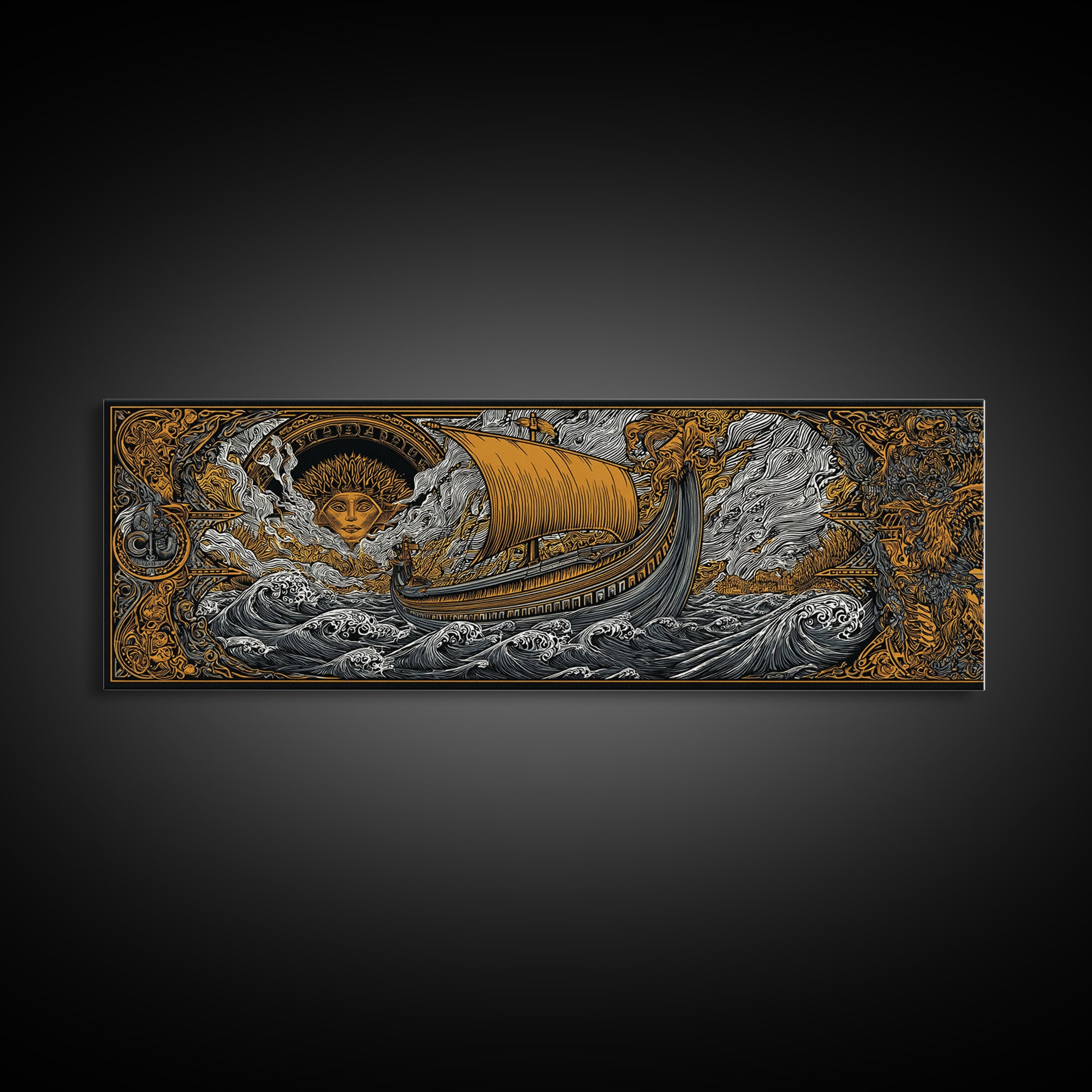 Mythological Sun Face And Ancient Ship, Epic Sea Voyage Decorative Wall Artwork, Gold Canvas Print, Real Wood Frame Decor