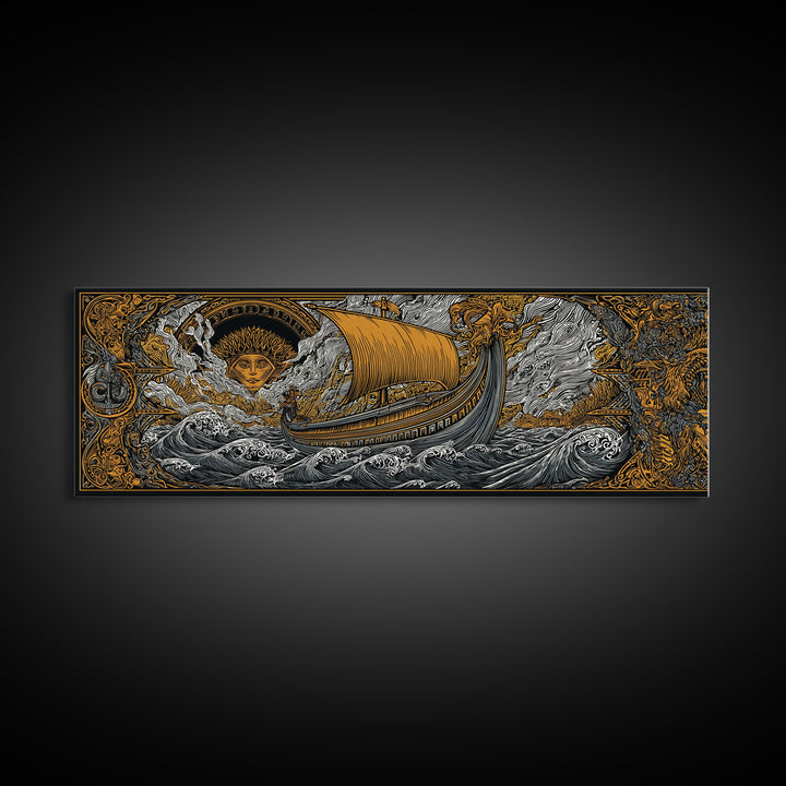Mythological Sun Face And Ancient Ship, Epic Sea Voyage Decorative Wall Artwork, Gold Canvas Print, Real Wood Frame Decor
