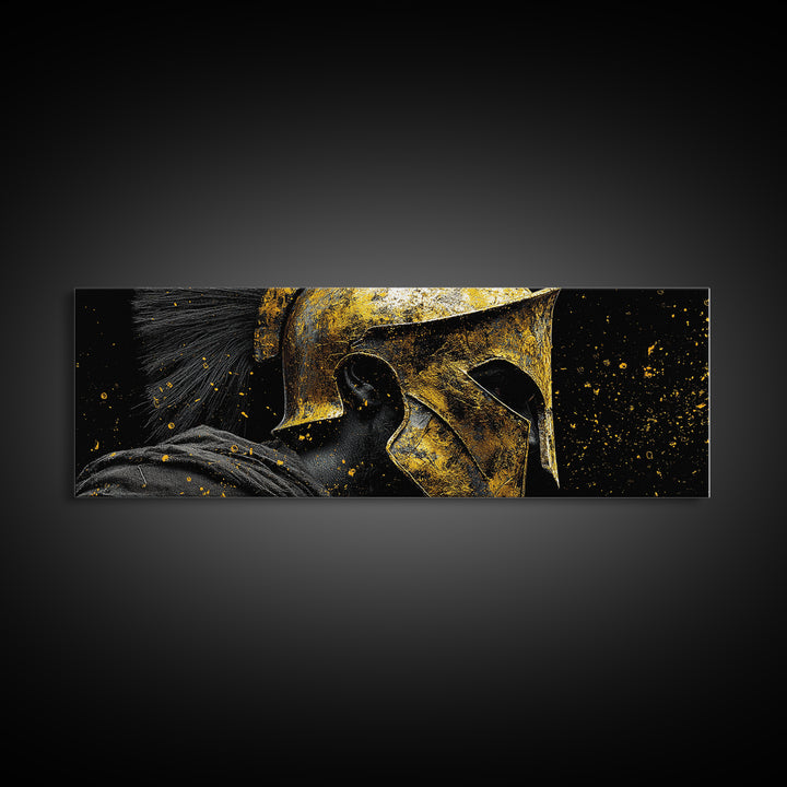 Spartan Warrior Helmet, Ancient Greek Mythological Armor Decorative Artwork, Gold Canvas Print, Real Wood Frame Wall Art