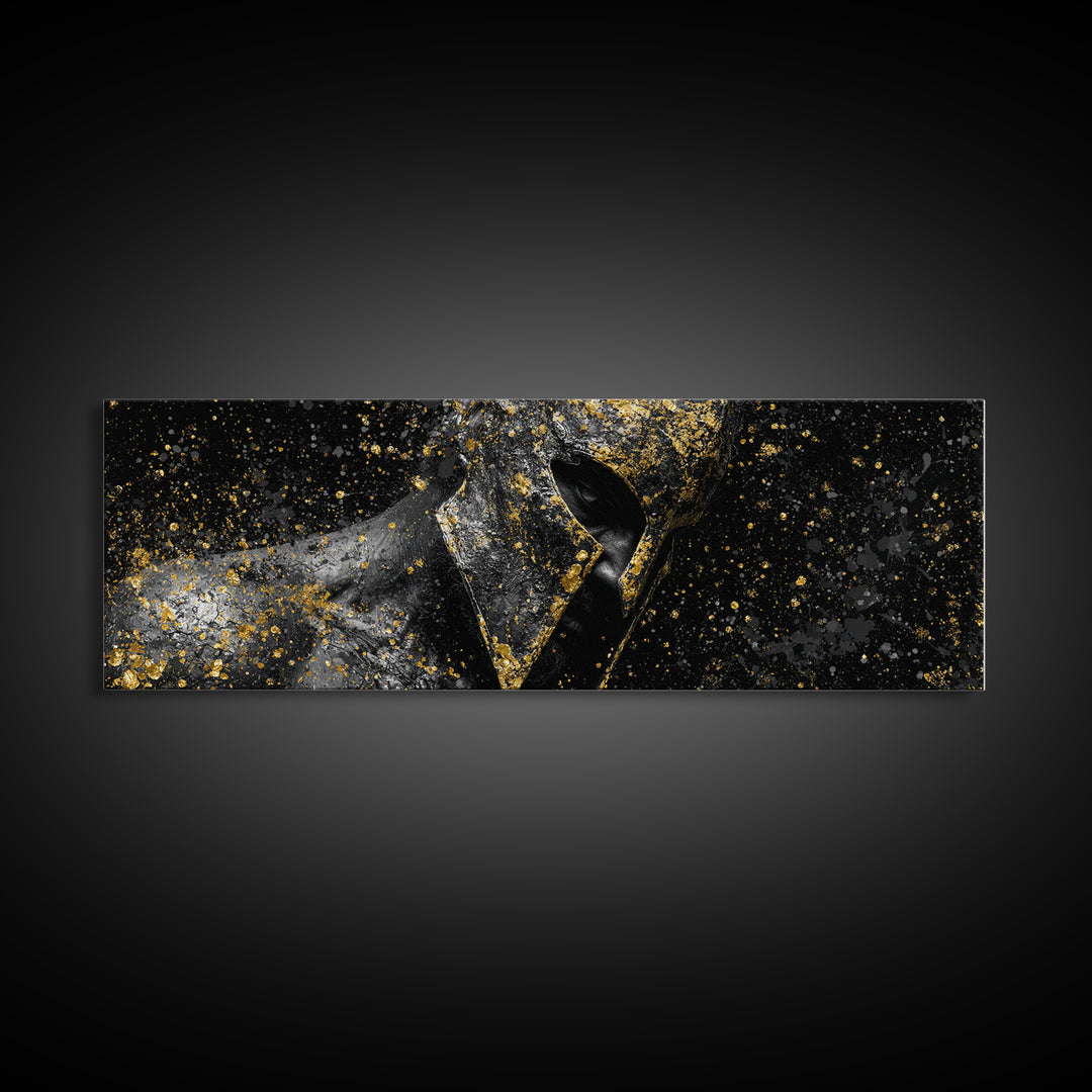 Abstract Spartan Helmet, Mythological Greek Warrior Armor Decorative Wall Artwork, Gold Canvas Print, Real Wood Frame Decor