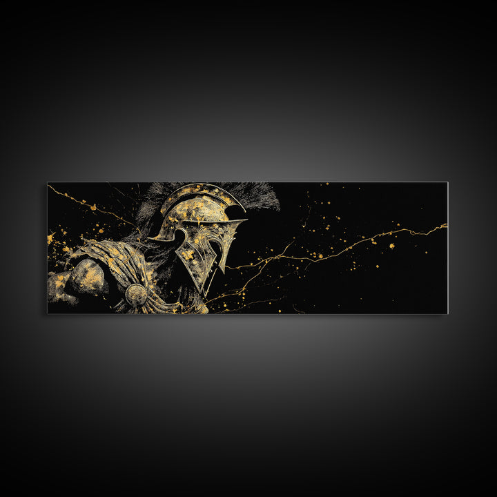 Detailed Spartan Warrior Helmet, Ancient Greek Mythological Armor Decorative Artwork, Gold Canvas Print, Real Wood Frame Art