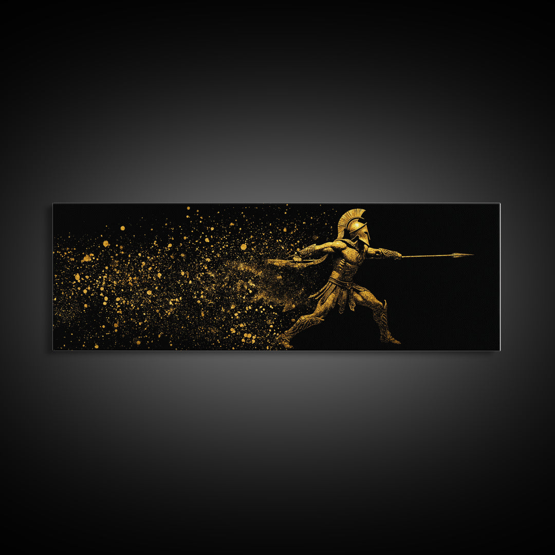 Greek Warrior Throwing Spear, Mythological Spartan Hero Battle Scene Artwork, Gold Canvas Print, Real Wood Frame Wall Decor