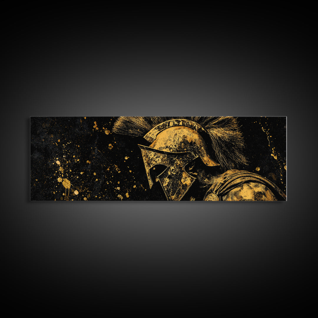 Spartan Helmet Portrait, Ancient Greek Warrior Symbol Of Strength Decorative Artwork, Gold Canvas Print, Real Wood Frame Art