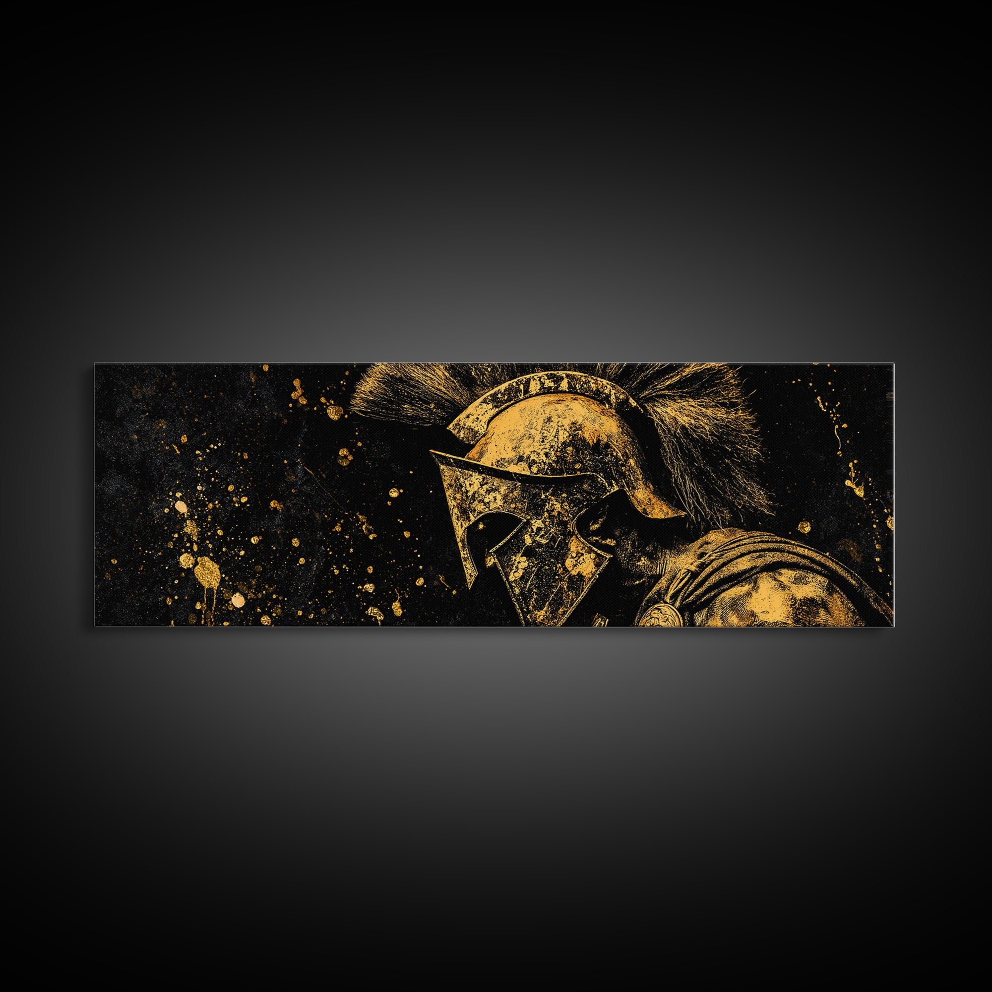 Spartan Helmet Portrait, Ancient Greek Warrior Symbol Of Strength Decorative Artwork, Gold Canvas Print, Real Wood Frame Art