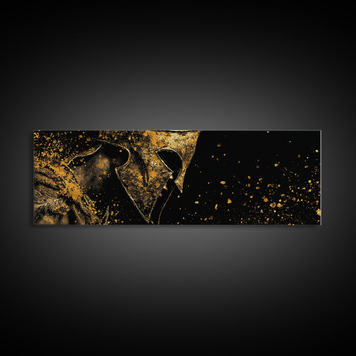 Spartan Warrior Close Up, Mythological Greek Helmet Armor Decorative Wall Artwork, Gold Canvas Print, Real Wood Frame Decor