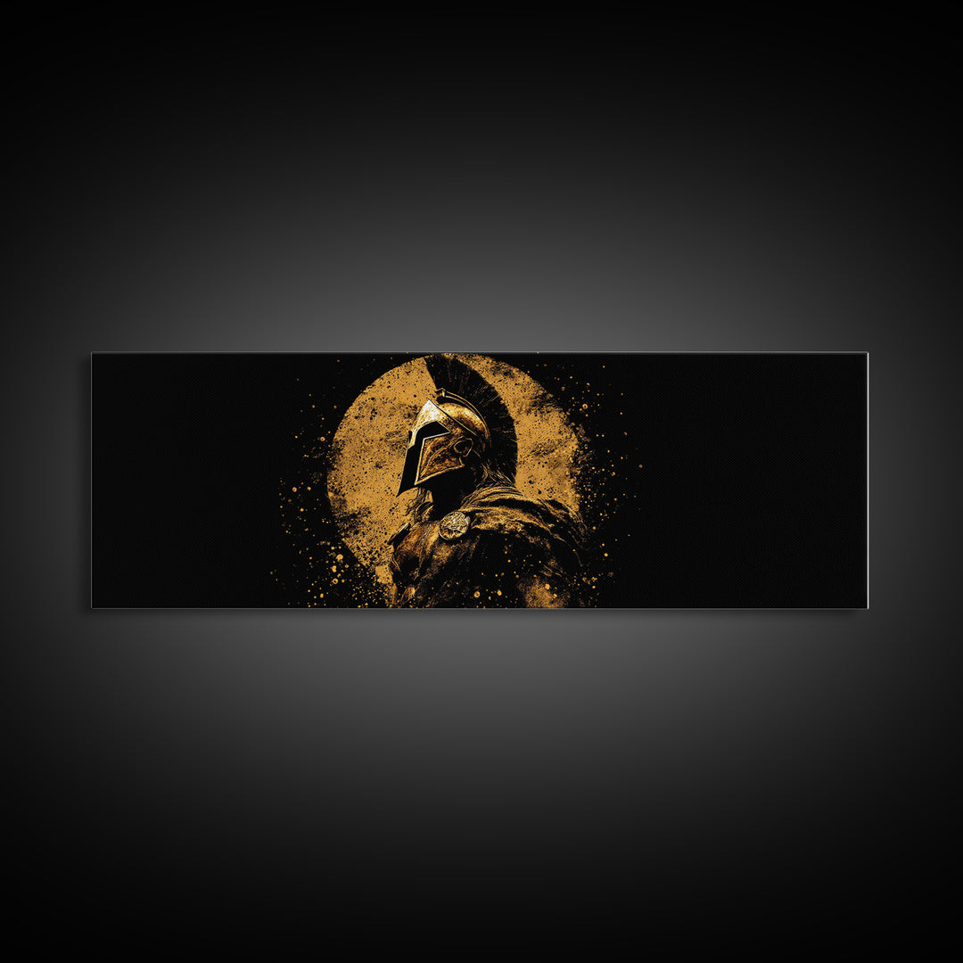 Heroic Spartan Warrior, Ancient Greek Mythological Armor Symbol Decorative Artwork, Gold Canvas Print, Real Wood Frame Wall Art