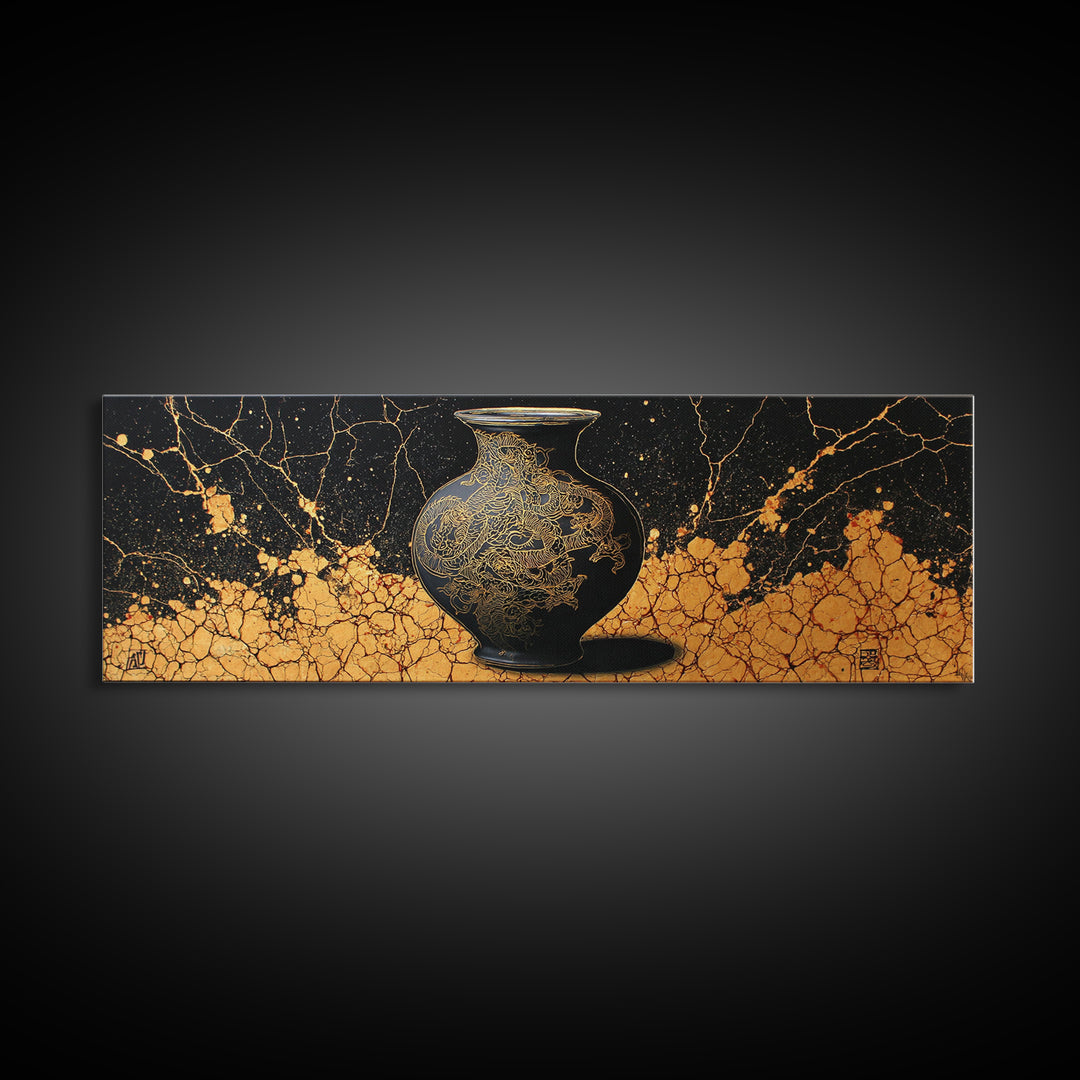 Ancient Golden Vase, Mythical Dragon Engraving Wall Decor, Gold Canvas Print, Real Wood Framed Art