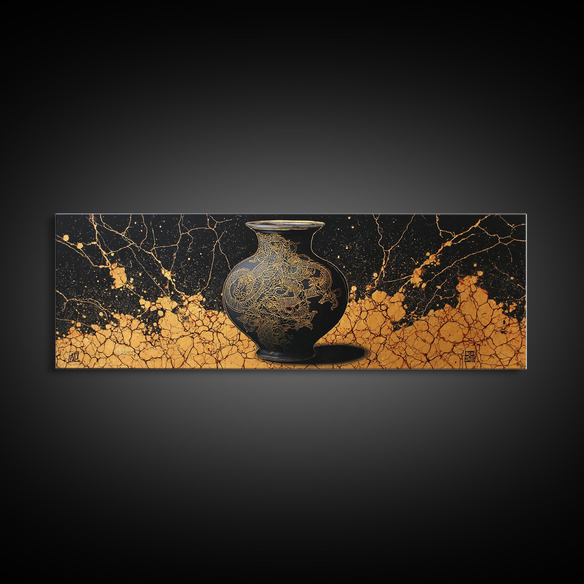 Ancient Golden Vase, Mythical Dragon Engraving Wall Decor, Gold Canvas Print, Real Wood Framed Art