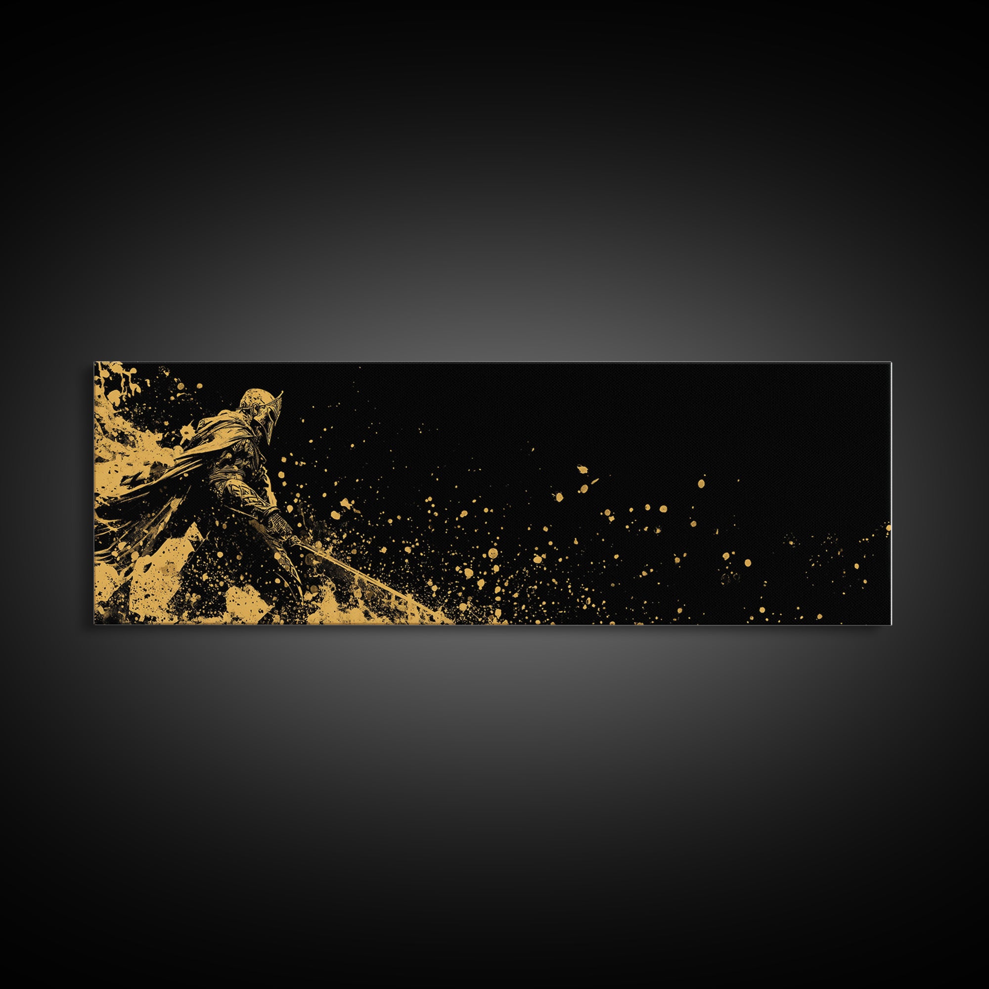 Spartan Warrior Battle Pose, Ancient Greek Hero With Sword Decorative Wall Artwork, Gold Canvas Print, Real Wood Frame Decor