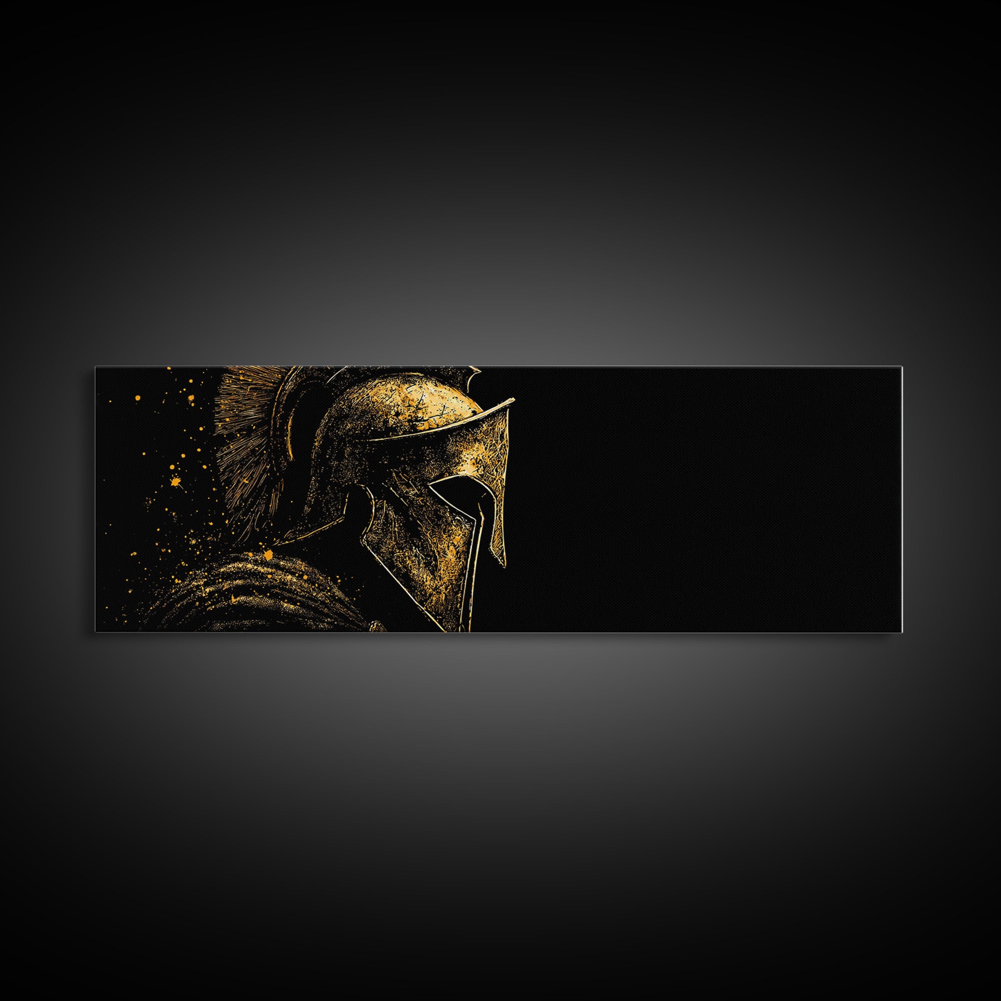 Spartan Helmet Profile, Ancient Greek Mythological Warrior Armor Decorative Artwork, Gold Canvas Print, Real Wood Frame Wall Art