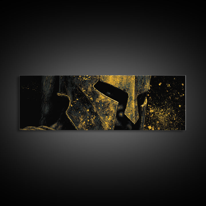 Spartan Warrior Close Up, Ancient Greek Helmet Portrait Decorative Wall Artwork, Gold Canvas Print, Real Wood Frame Decor