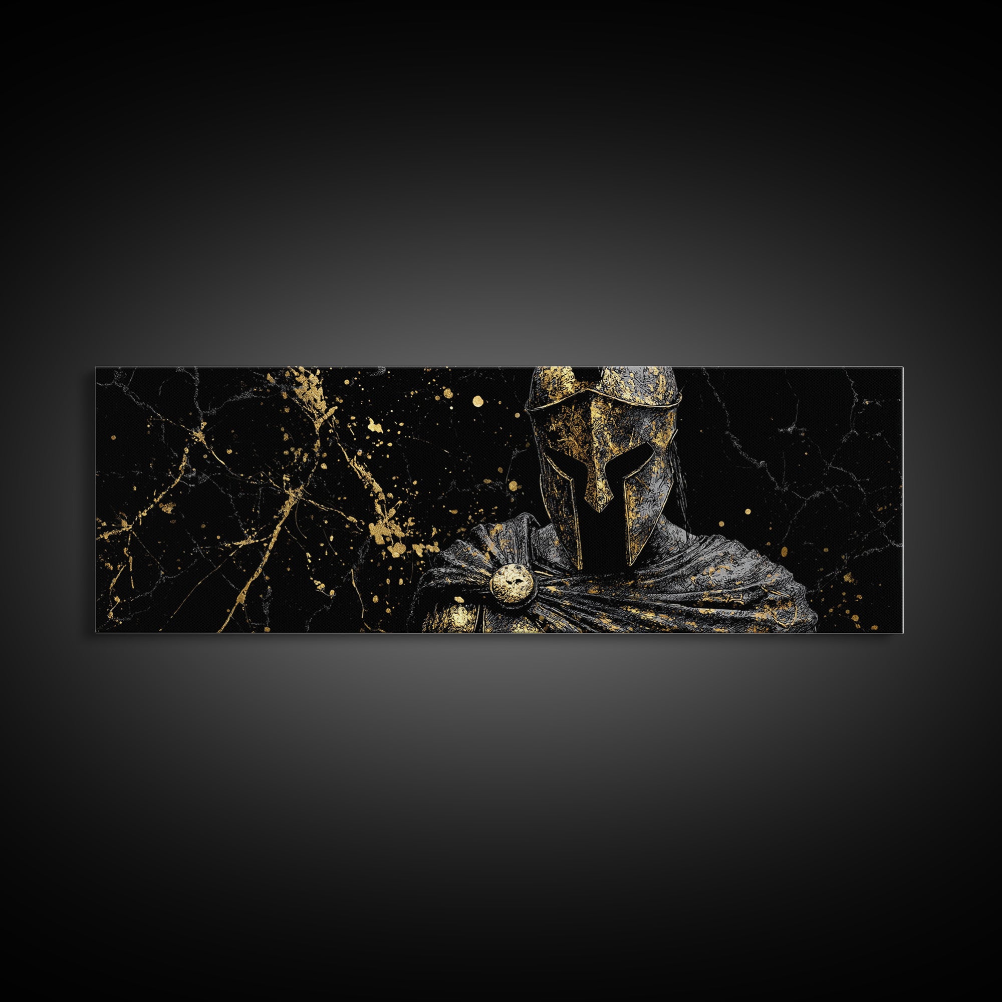 Greek Warrior In Armor, Mythological Spartan Helmet With Cloak Decorative Wall Artwork, Gold Canvas Print, Real Wood Frame