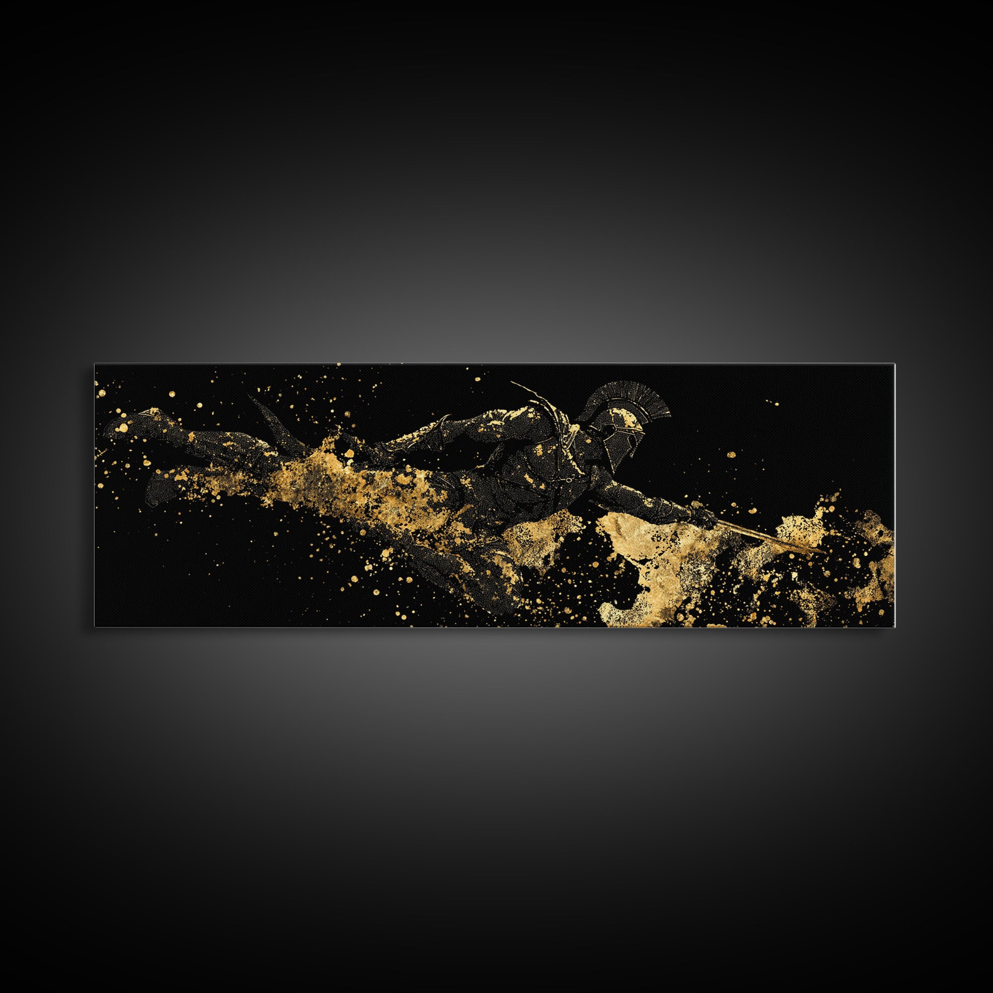 Spartan Warrior Leaping, Ancient Greek Heroic Battle Scene Decorative Wall Artwork, Gold Canvas Print, Real Wood Frame Decor