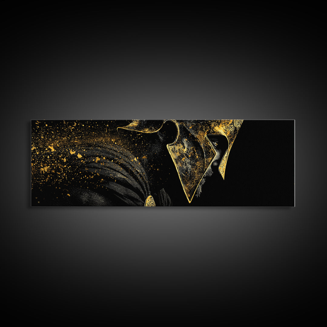 Spartan Helmet Side View, Mythological Greek Warrior Armor Decorative Wall Artwork, Gold Canvas Print, Real Wood Frame Art