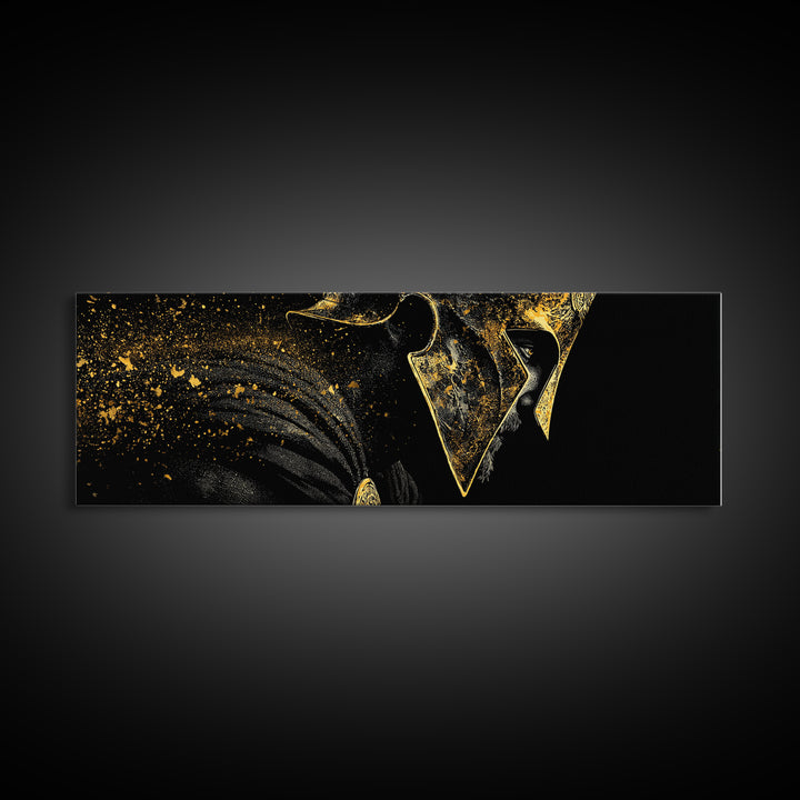 Spartan Helmet Side View, Mythological Greek Warrior Armor Decorative Wall Artwork, Gold Canvas Print, Real Wood Frame Art