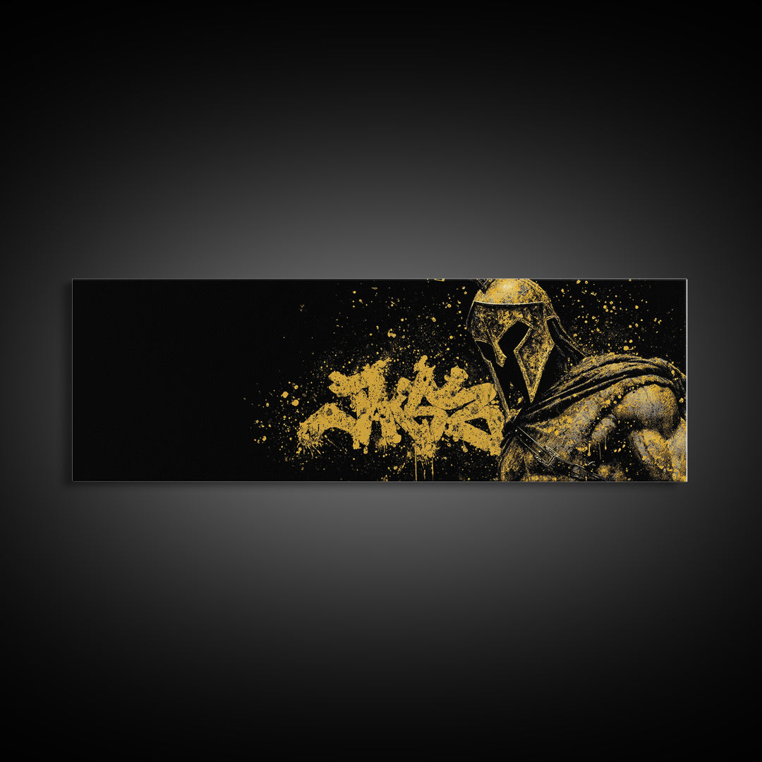 Greek Warrior Portrait, Ancient Spartan Helmet With Symbolic Cloak Artwork, Gold Canvas Print, Real Wood Frame Wall Decor