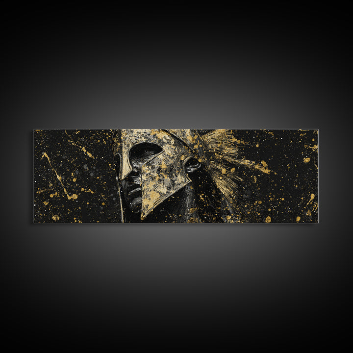 Spartan Helmet And Graffiti, Mythological Greek Warrior Decorative Wall Artwork, Gold Canvas Print, Real Wood Frame Wall Art
