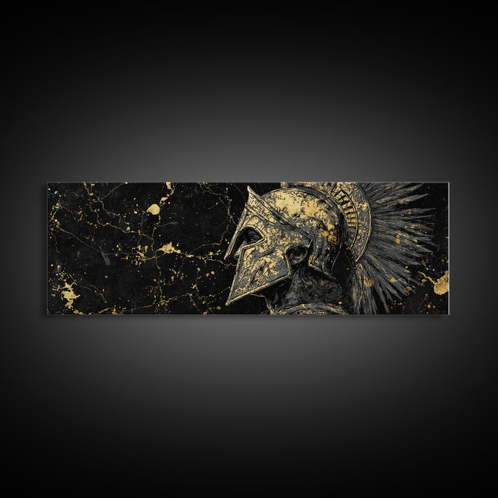 Greek Helmet Portrait, Ancient Spartan Mythological Warrior Decorative Artwork, Gold Canvas Print, Real Wood Frame Wall Decor