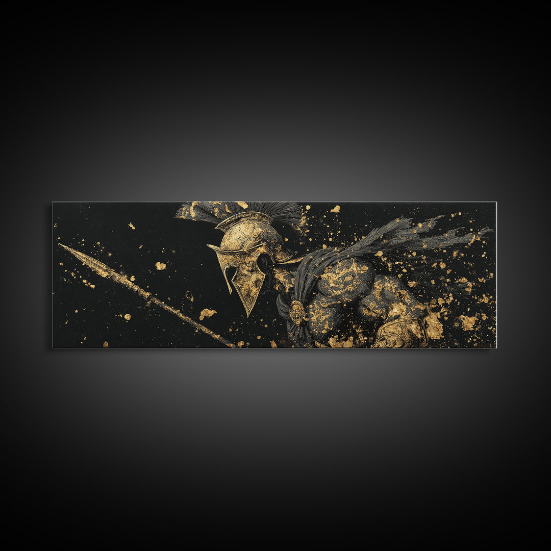 Spartan Helmet Detailed Profile, Ancient Greek Warrior Decorative Wall Artwork, Gold Canvas Print, Real Wood Frame Wall Decor