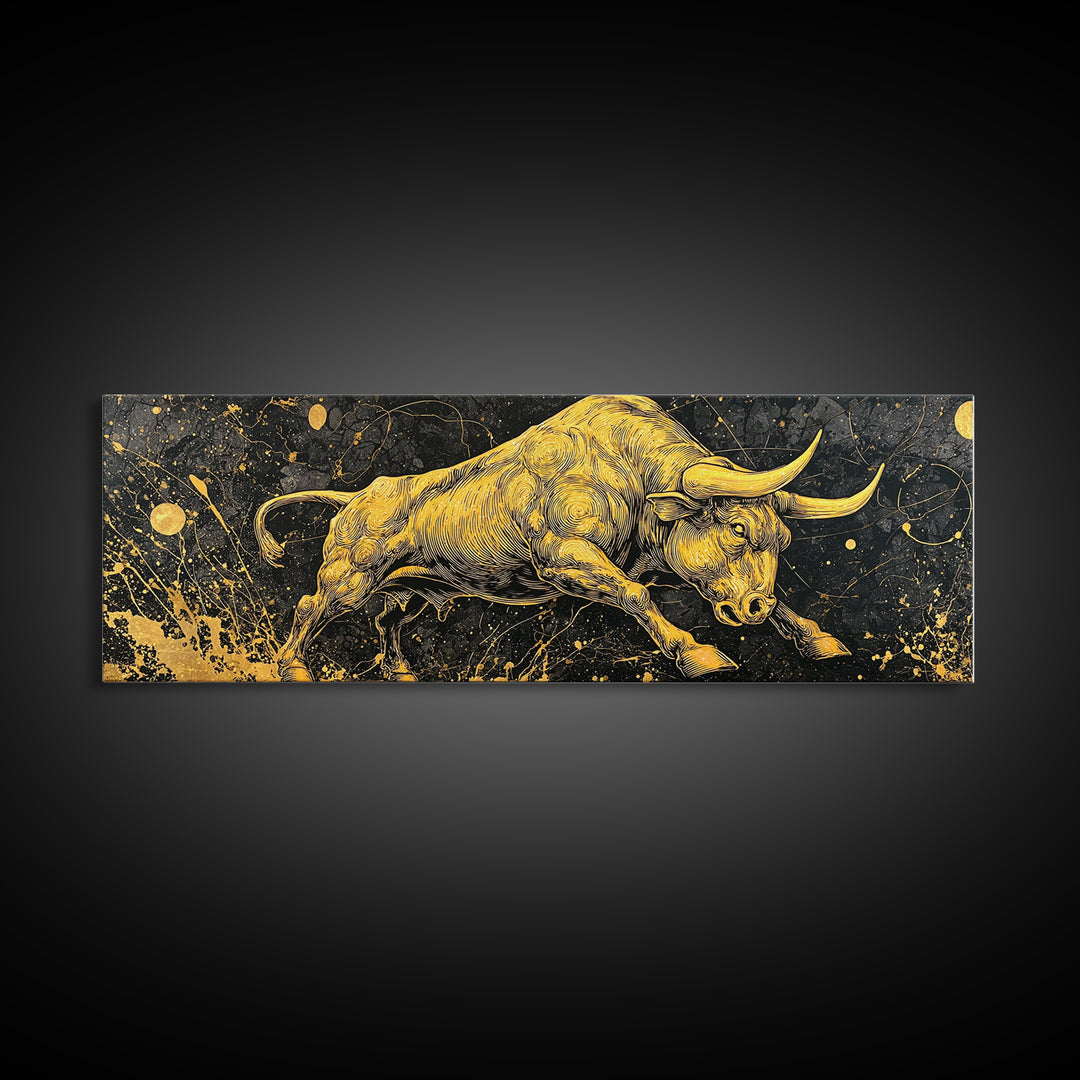 Charging Bull Artwork, Mythical Strength And Power Wall Decor, Gold Canvas Print, Real Wood Frame Art