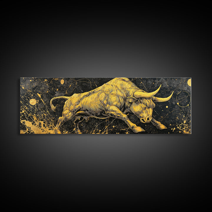 Charging Bull Artwork, Mythical Strength And Power Wall Decor, Gold Canvas Print, Real Wood Frame Art