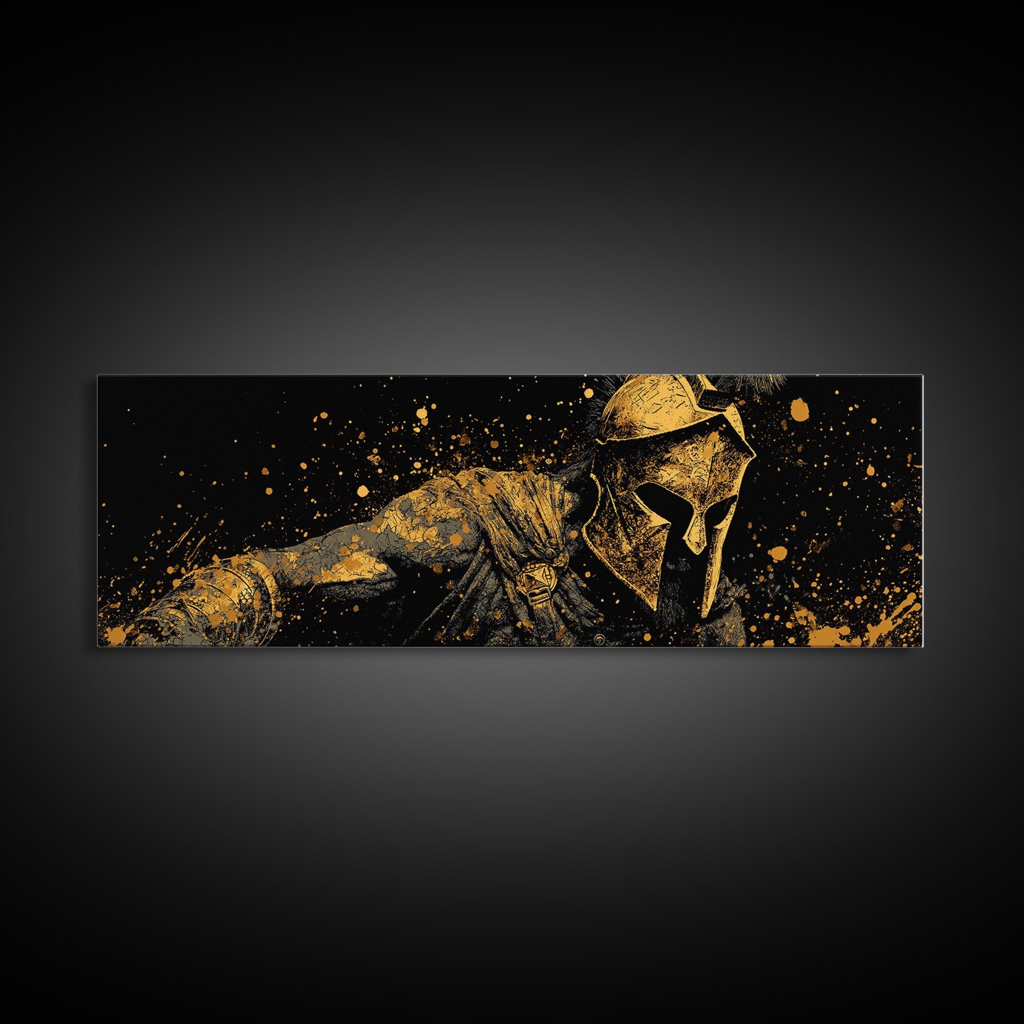 Greek Warrior With Spear, Ancient Spartan Battle Scene Decorative Wall Artwork, Gold Canvas Print, Real Wood Frame Wall Art