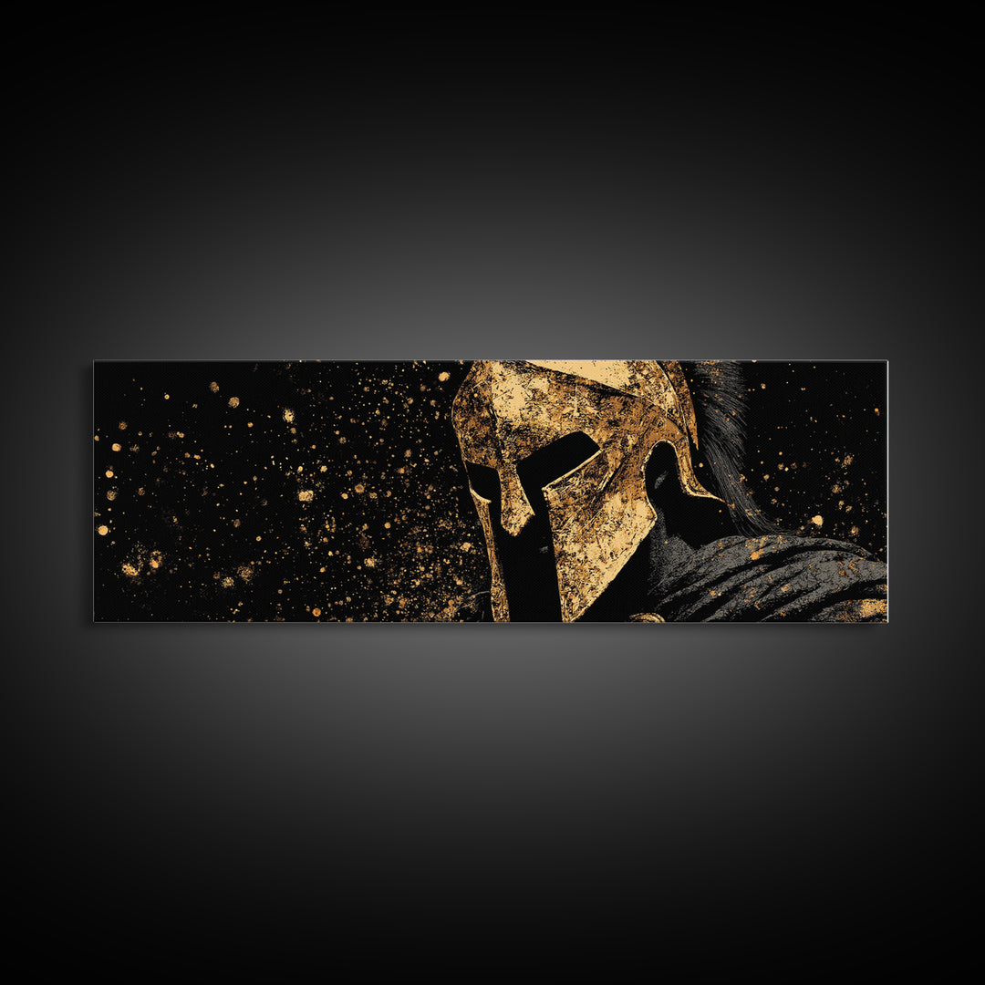 Spartan Warrior In Battle, Ancient Greek Hero Decorative Wall Artwork, Gold Canvas Print, Real Wood Frame Wall Decor