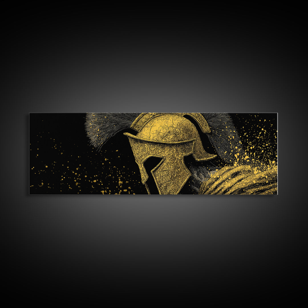 Spartan Helmet Portrait, Ancient Greek Warrior Symbolic Decorative Artwork, Gold Canvas Print, Real Wood Frame Wall Decor