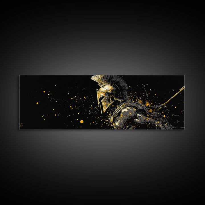 Greek Warrior In Battle Stance, Mythological Spartan Hero Decorative Artwork, Gold Canvas Print, Real Wood Frame Wall Art